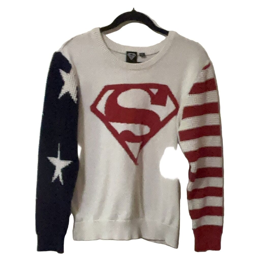 Mad Engine Superman Women's M Red White Blue Asymmetrical Knit Pullover Sweater
